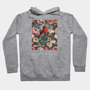 Red Cardinal Bird and Peony Flowers Hoodie